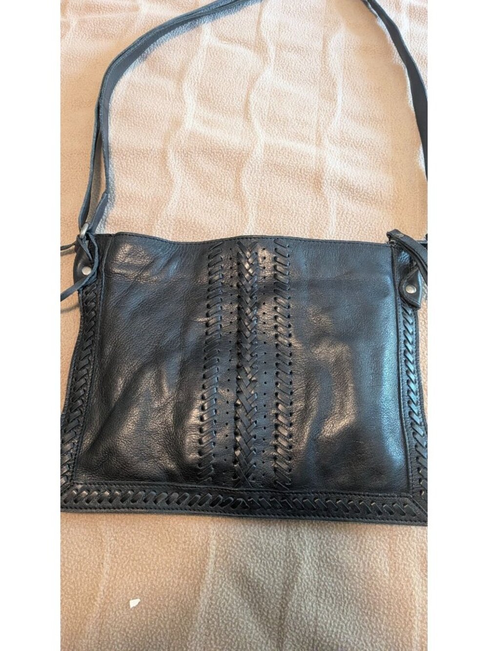 Latico Black Leather Handbag Whipstitch adjustable crossbody strap